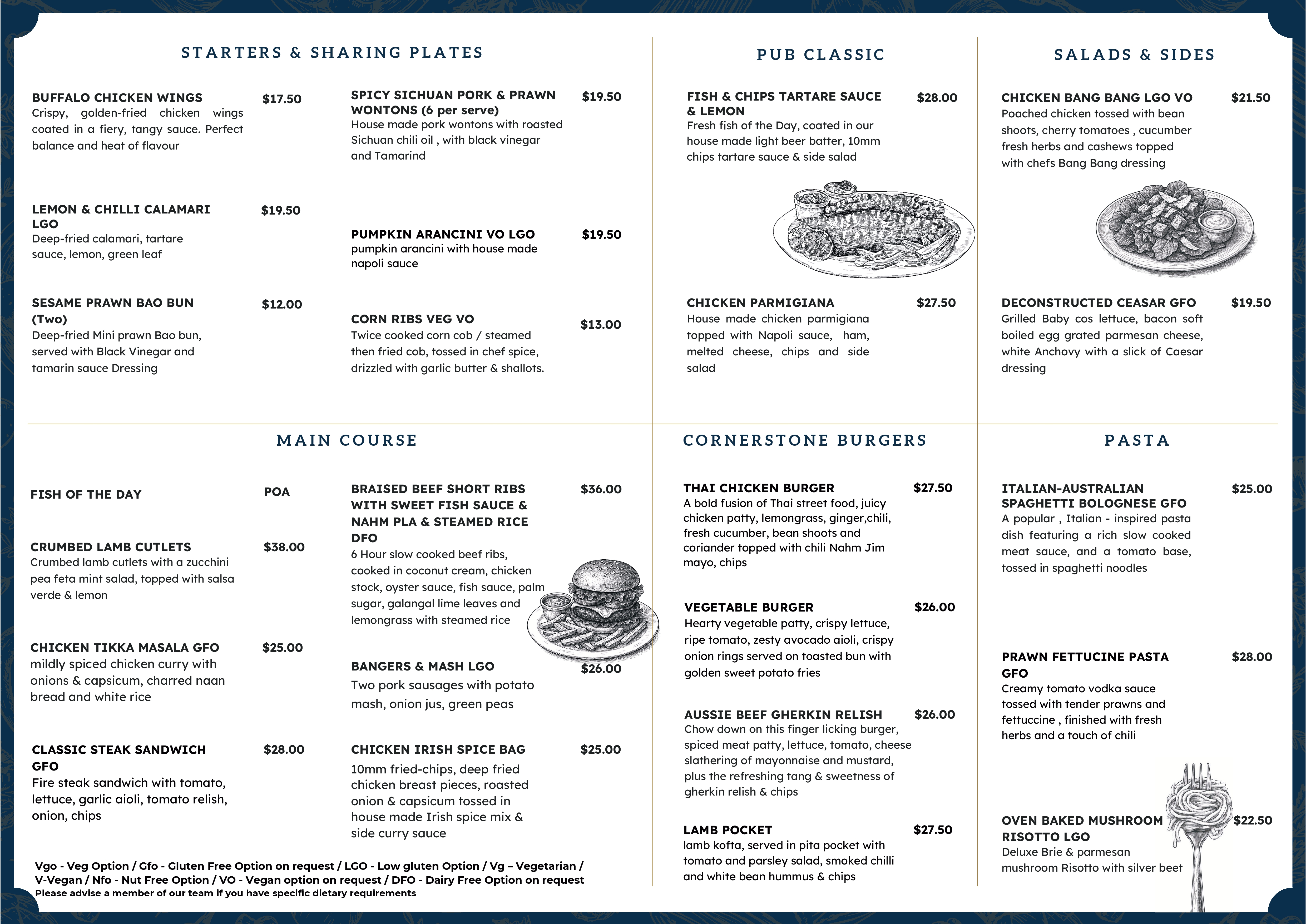 Cornerstone Pub food menu by Head Chef Stuart Russ - modern Australian pub cuisine with share plates, mains, and seasonal dishes in Port Melbourne